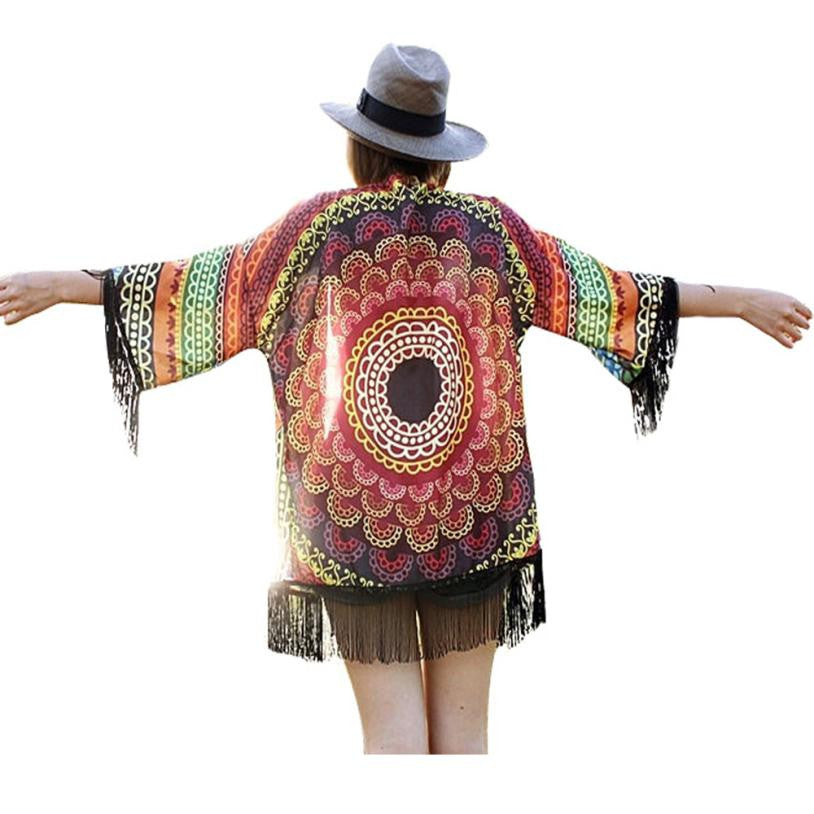 JECKSION Tassel jacket women Summer Sunflowers Printed Chiffon Shawl Kimono Cardigan Tops Cover up Coat #LSN