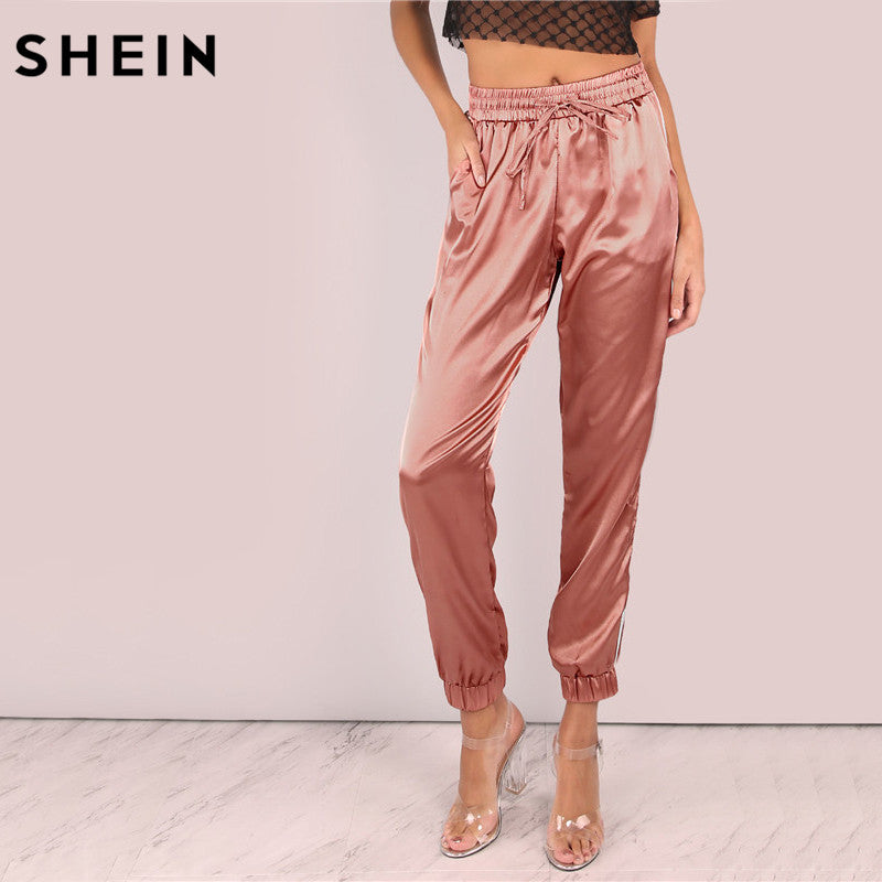 SHEIN Mid Waist Pants Women Satin Luxe Trainer Joggers Drawstring Waist Casual Trousers Women Loose Sweatpants