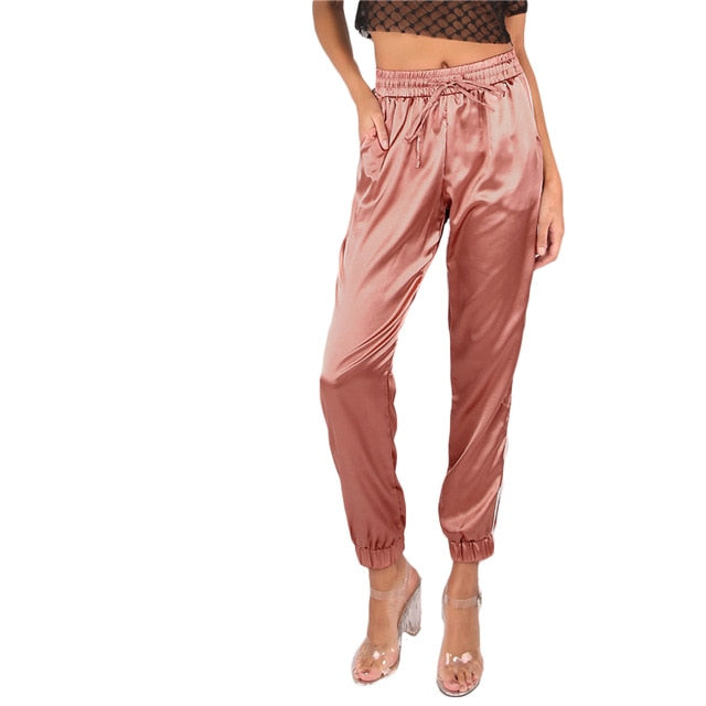 SHEIN Mid Waist Pants Women Satin Luxe Trainer Joggers Drawstring Waist Casual Trousers Women Loose Sweatpants