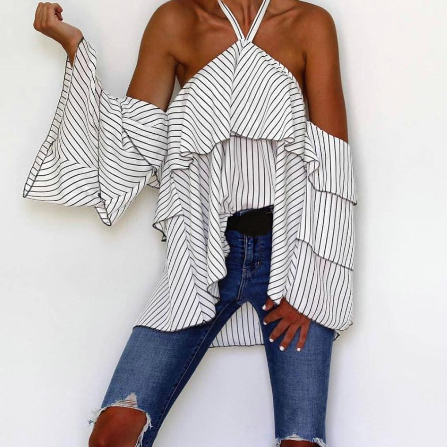 Fashion New Arrival Womens Sexy Hanging Neck Off Shoulder Ladies Casual Striped Shirt Tops White Blouse Top