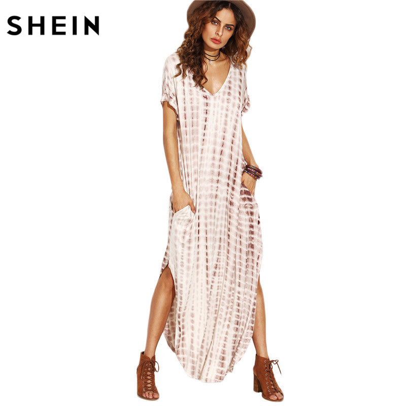 SHEIN Summer Women Dresses 2017 Tie Dye Print Side Split Loose Long Dress Curved Hem V Neck Short Sleeve Maxi Dress