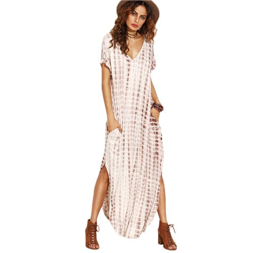 SHEIN Summer Women Dresses 2017 Tie Dye Print Side Split Loose Long Dress Curved Hem V Neck Short Sleeve Maxi Dress