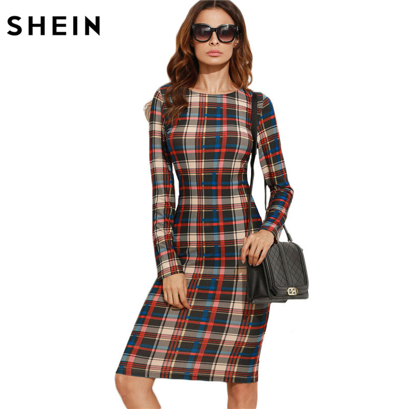 SHEIN Elegant Bodycon Dress Winter Autumn Dress Fall Women Multicolor Plaid Long Sleeve Knee Length Pencil Dress