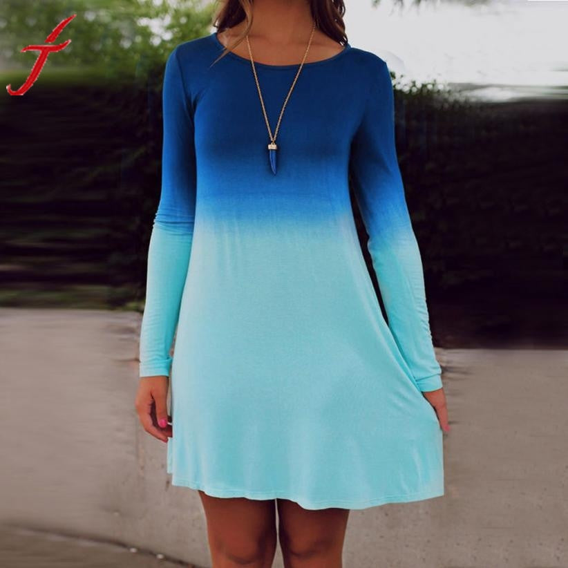 Summer Autumn Sexy Womens Long Sleeve Casual Loose Gradient Color Short Mini Dress Women #1