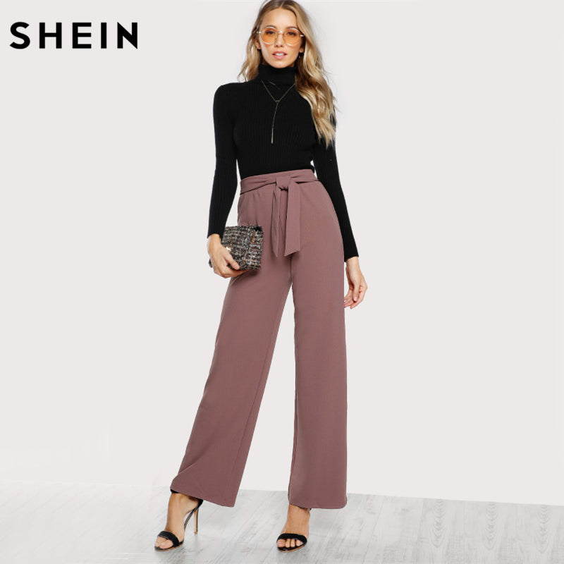 SHEIN Self Tie Waist Palazzo Pants Pink Elegant High Waist Pants Autumn Trousers Women Elastic Waist Casual Pants