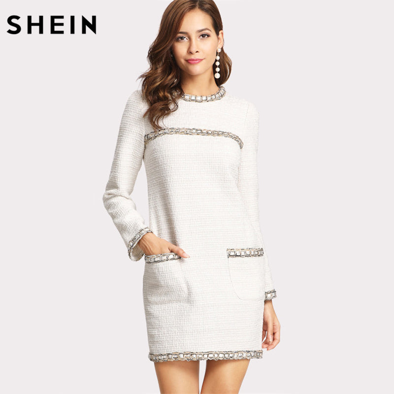 SHEIN Work Women Dress Winter Round Neck Whipstitch Trim Elegant Tweed Dress White Long Sleeve Pockets Straight Dress