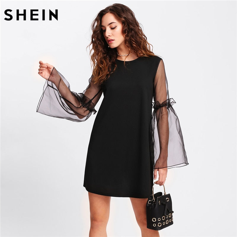 SHEIN Shift Dress Women Contrast Mesh Sleeve Frilled Detail Tunic Dress Woman Black Long Sleeve Elegant Party Dress