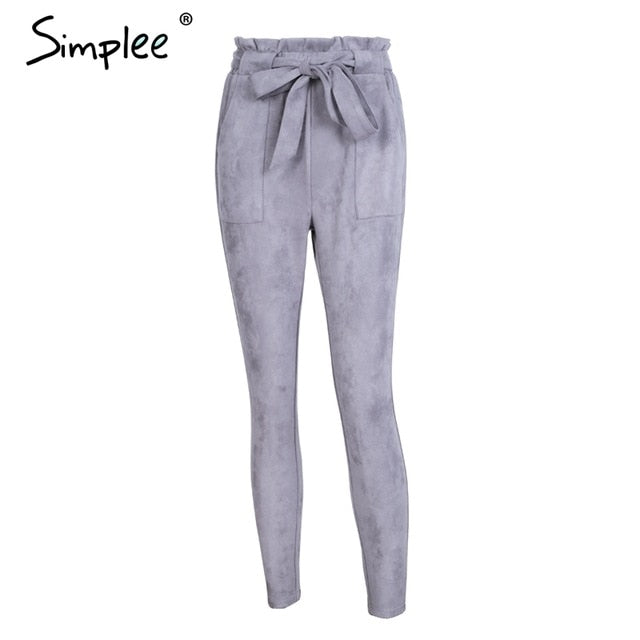 Simplee Suede high waist pencil pants capris Women bottom sash streetwear casual pants 2017 Autumn chic black winter trousers