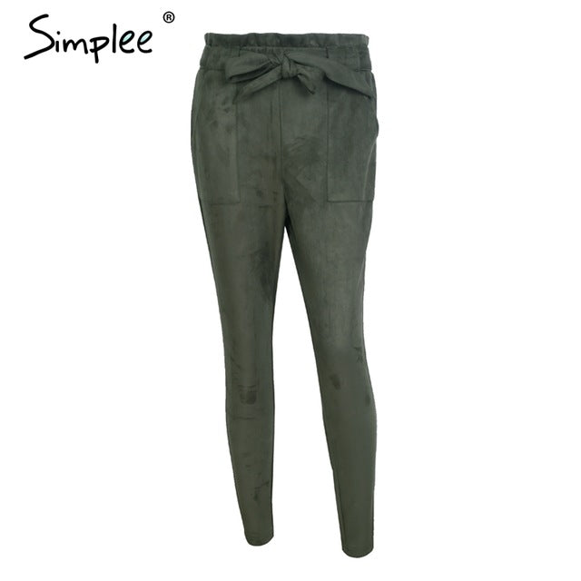 Simplee Suede high waist pencil pants capris Women bottom sash streetwear casual pants 2017 Autumn chic black winter trousers