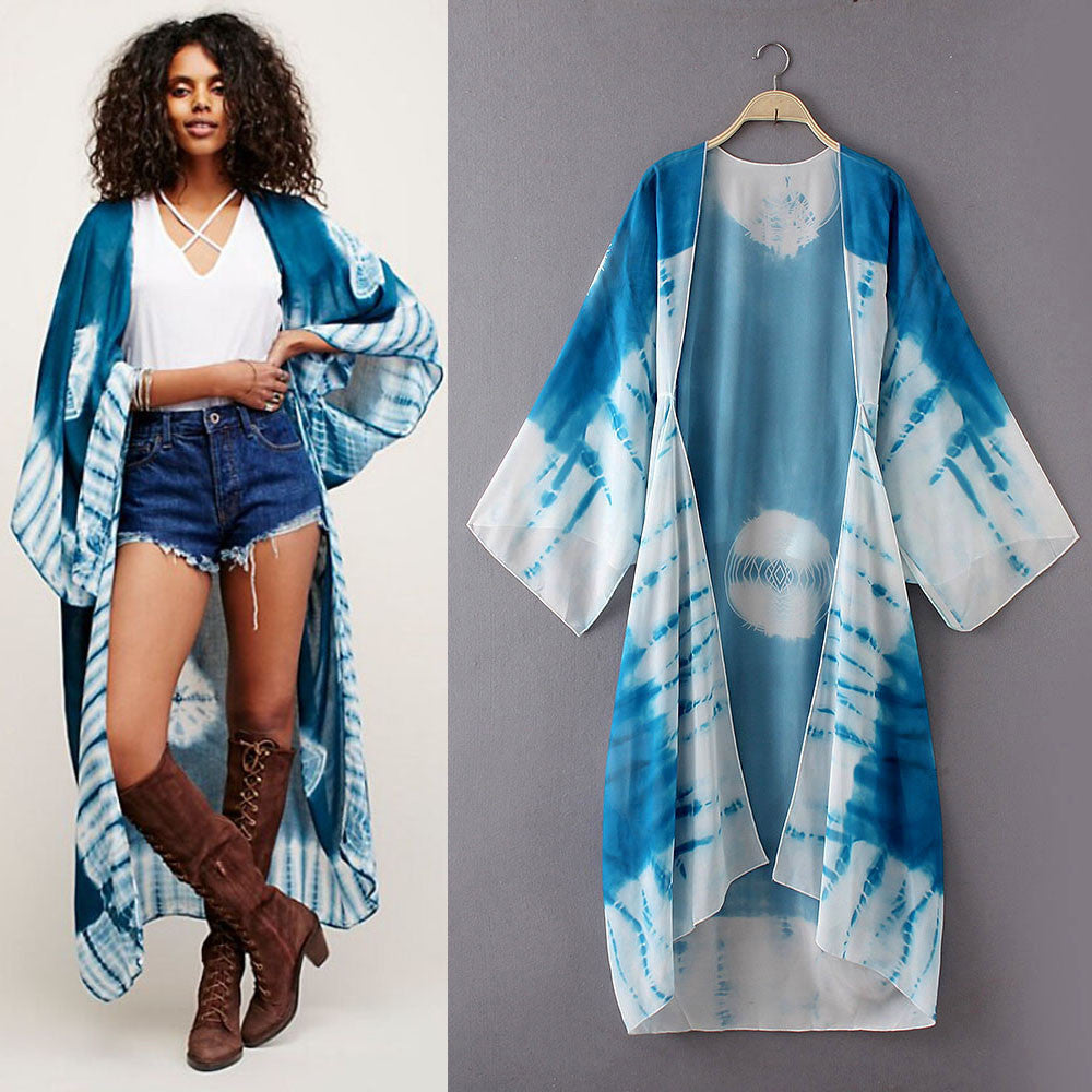 Women Print Chiffon Loose Shawl Kimono Cardigan Top Cover up Shirt Blouse