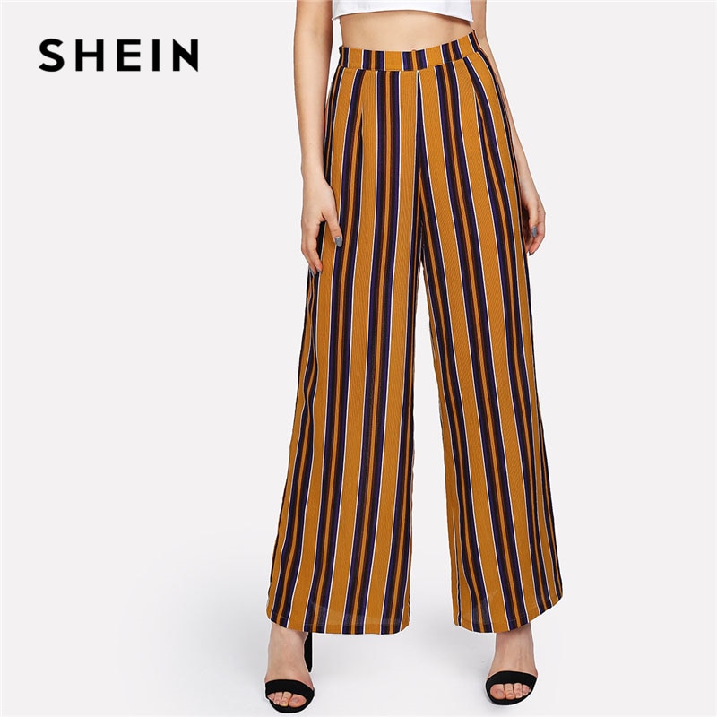 SHEIN Zip Up Wide Leg Striped Pants Women Fashion New Clothing Mid Waist Loose Trousers 2018 Female Elegant Full Length Pants
