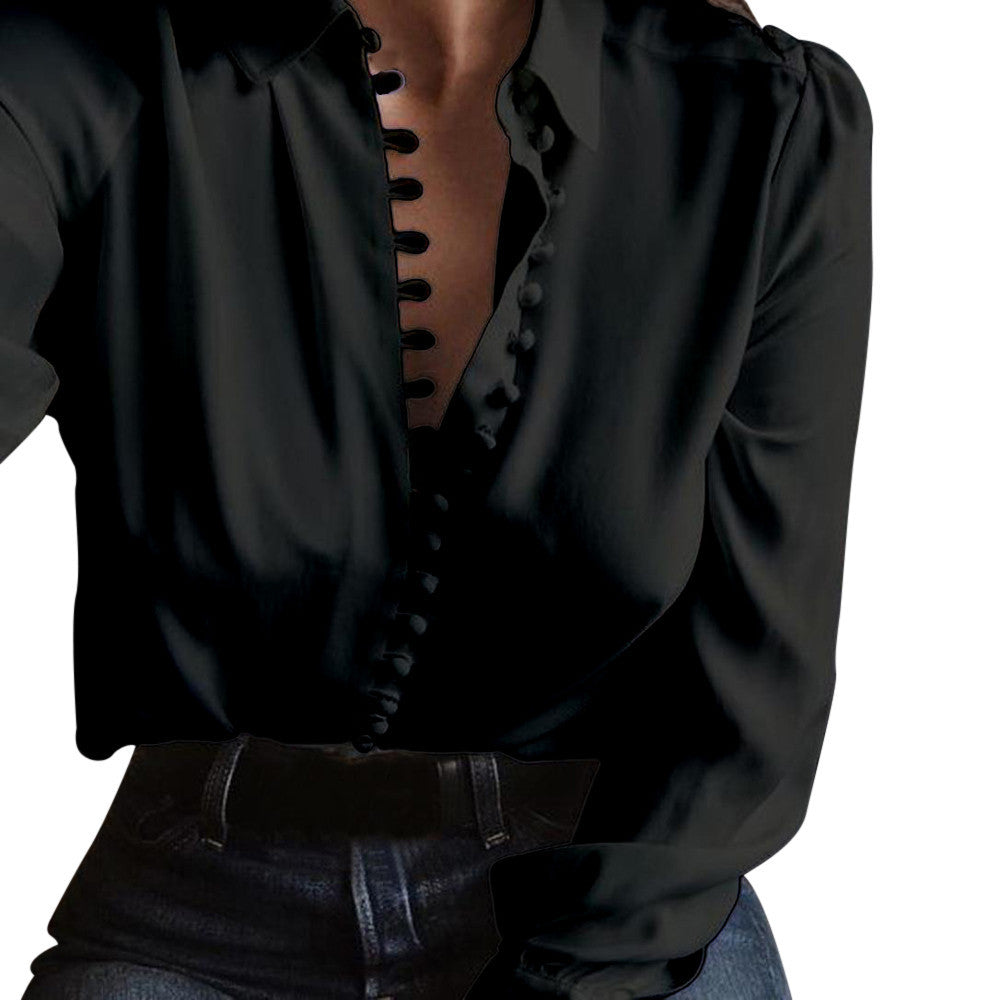 Women Casual Solid Long Sleeves Blouse Lapel Shirt
