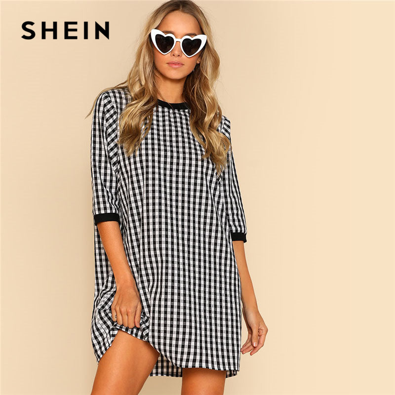 SHEIN Ribbed Trim Plaid Dress Round Neck Half Sleeve Women Gingham Cotton Shift Dress Spring Weekend Casual Short Dress