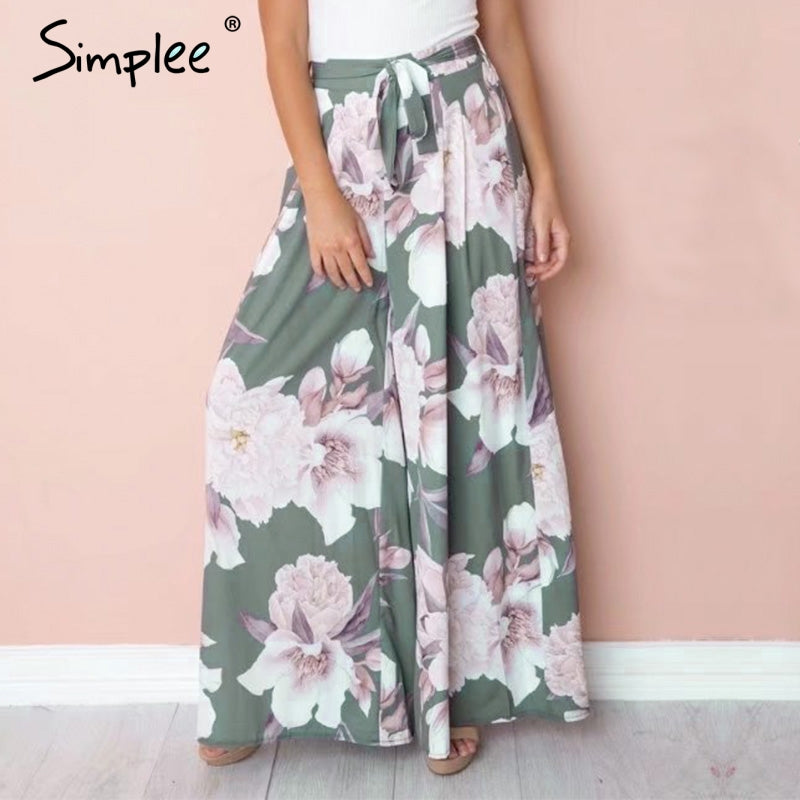 Simplee Sash floral print wide leg pants women Elastic loose boho casual pants trousers Beach summer high waist pants female