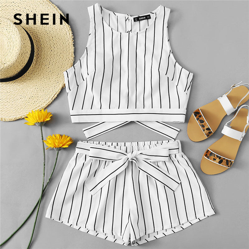 SHEIN Vertical Striped Crop Top And Self Belt Shorts Set Women Round Neck Sleeveless Backless Button Women Boho 2 Piece Sets