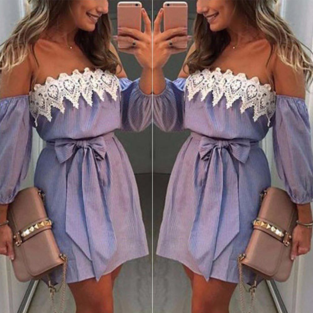 Women Off Shoulder Lace Dress Casual Sleeveless Party Short Mini Dress