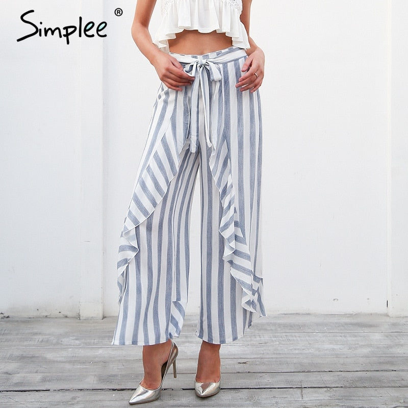 Simplee Stripe split wide leg pants women bottom Sash ruffle high waist trousers Summer beach casual pants female 2018