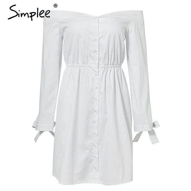 Simplee Sexy off shoulder summer dress shirt Tie up button women casual dress Streetwear OL white short dress vestidos 2018
