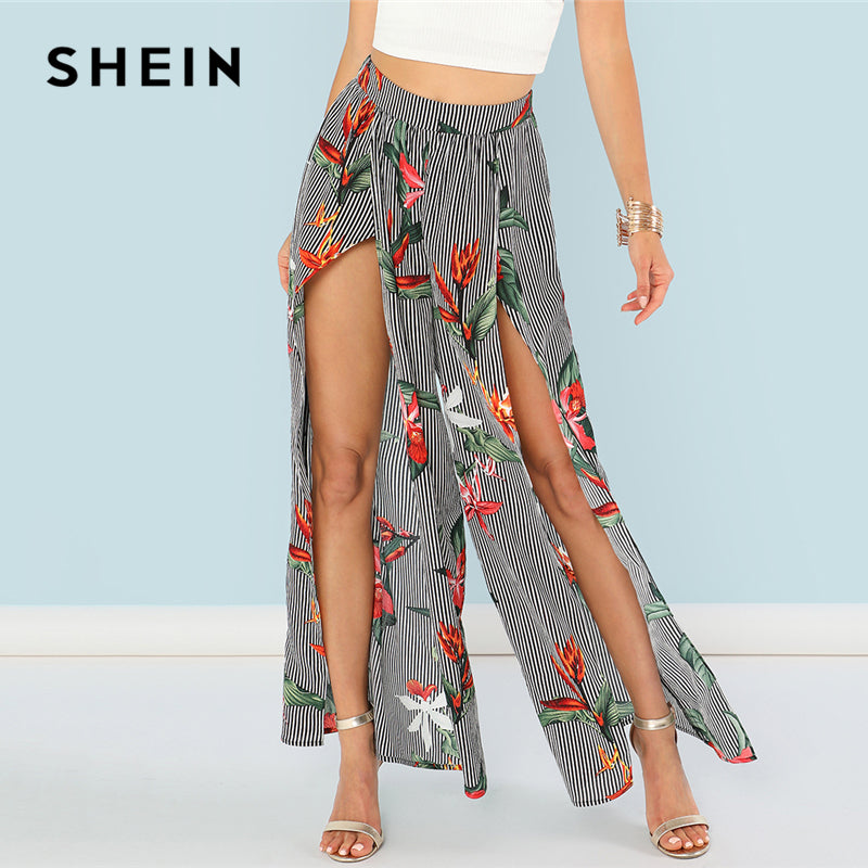 SHEIN Multicolor Vacation Boho Bohemian Beach Elastic High Waist Floral Print Striped Wide Leg Pants Summer Women Sexy Trousers
