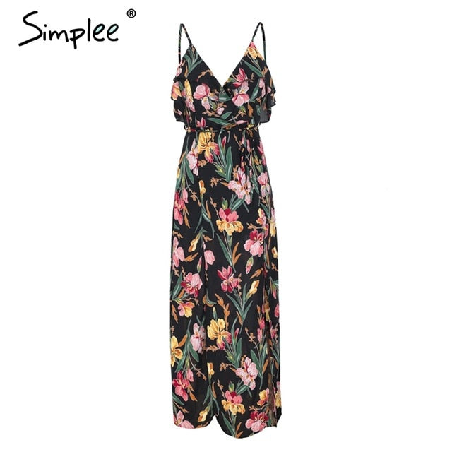Simplee V neck ruffle floral print summer dress women Backless strap boho dress long Sleeveless split maxi beach dress vestidos