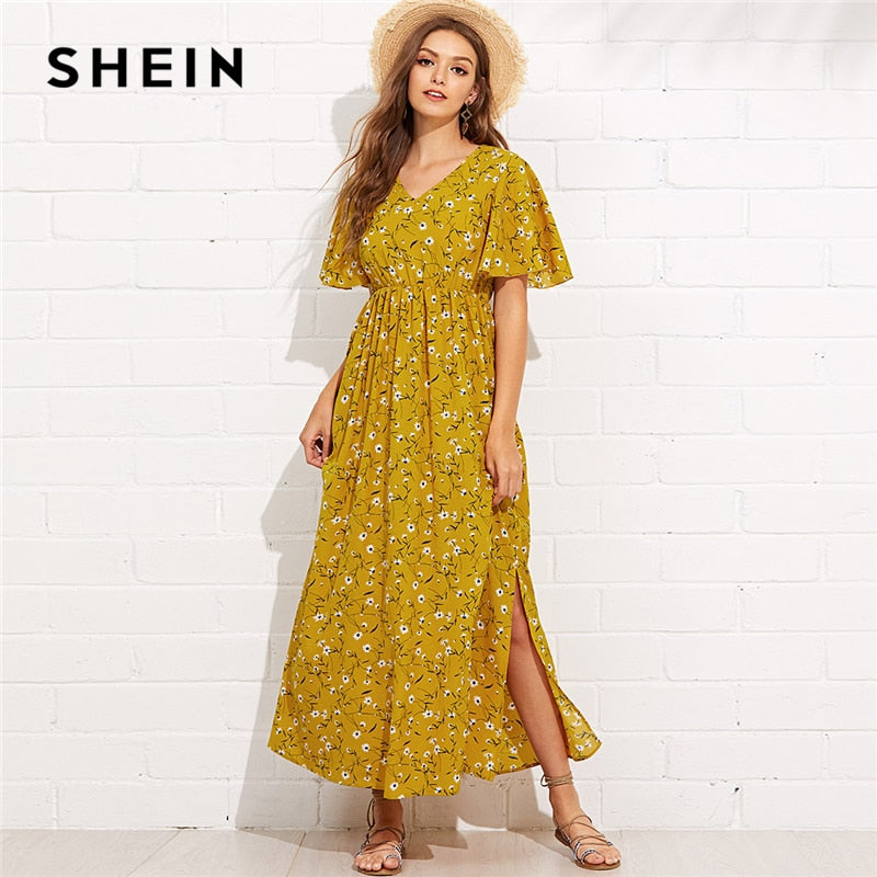 SHEIN Ginger Vacation Boho Bohemian Beach Floral Print V Neck Butterfly Short Sleeve Maxi Dress Summer Women Casual Dresses