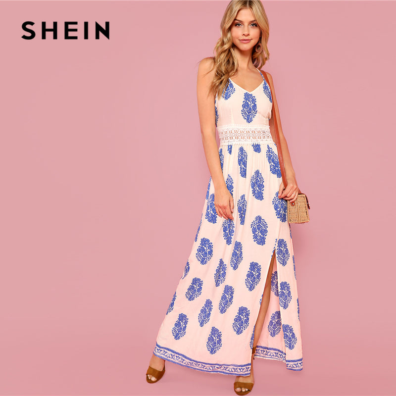 SHEIN Lace Waist Split Front Cami Dress 2018 Summer Spaghetti Strap Sleeveless Maxi Elegant Dress Women Printed Vacation Dress