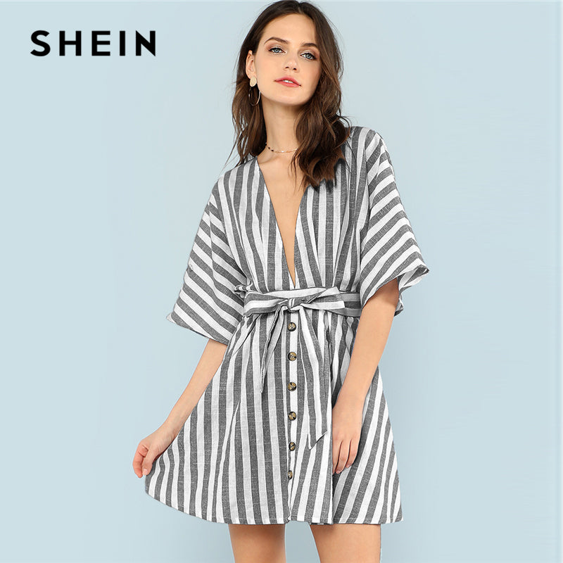 SHEIN Grey Vacation Boho Bohemian Beach Backless Button Front Striped Deep V Neck Batwing Half Sleeve Summer Women Casual Dress