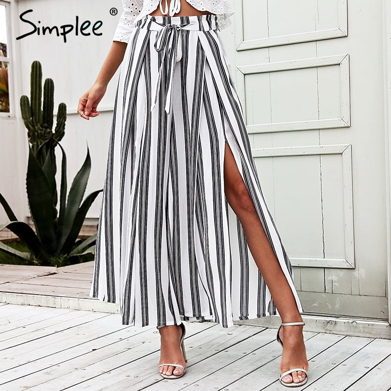 Simplee High waist loose striped summer pants plus size Sexy side split women pants Elastic cotton white wide leg trousers 2018