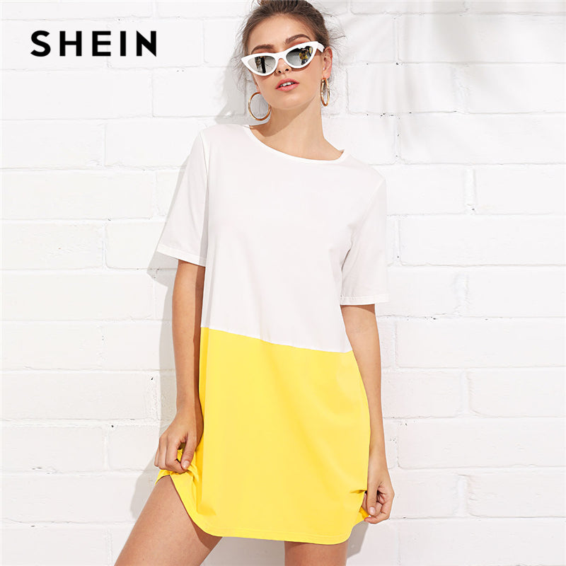 SHEIN Multicolor Weekend Casual White And Yellow Colorblock Two Tone Round Neck Short Sleeve Dress Summer Women Going Out Dress
