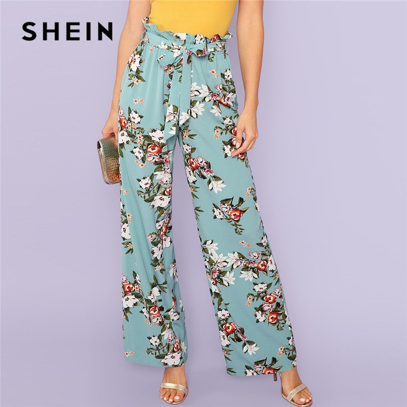 SHEIN Multicolor Vacation Boho Bohemian Beach Drawstring Waist Floral Print Ruffle Trim Wide Pants Summer Women Casual Trousers