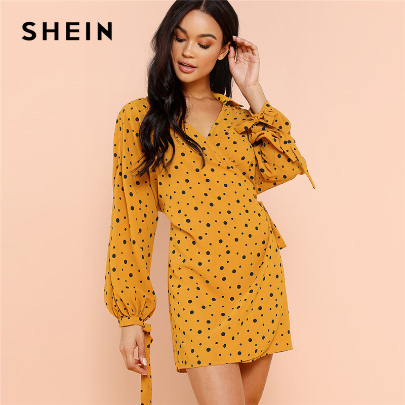 SHEIN Ginger Minimalist Modern Lady Waist Belted Bishop Sleeve Polka Knot Side Dot V Neck Dress Autumn Summer Women Casual Dress
