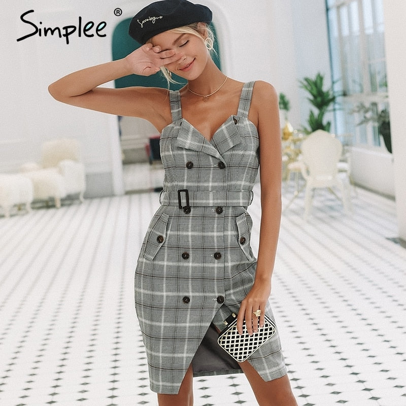 Simplee Plaid Strap midi dress office lady High waist split sash dress women autumn winter Double breasted casual dress 2018