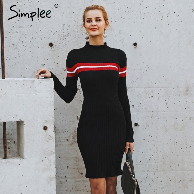 Simplee Casual turtleneck knitted stripe sweater dress Slim bodycon o neck dress pullover female Autumn winter dress 2018