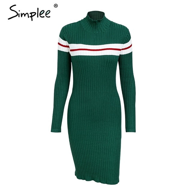 Simplee Casual turtleneck knitted stripe sweater dress Slim bodycon o neck dress pullover female Autumn winter dress 2018