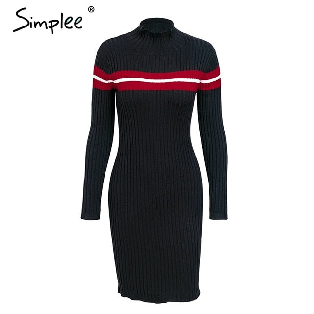 Simplee Casual turtleneck knitted stripe sweater dress Slim bodycon o neck dress pullover female Autumn winter dress 2018