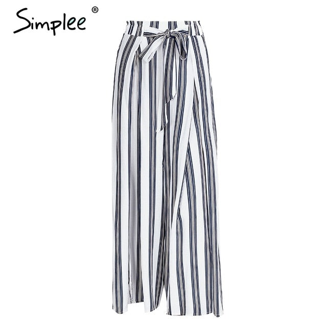 Simplee High waist loose striped summer pants plus size Sexy side split women pants Elastic cotton white wide leg trousers 2018