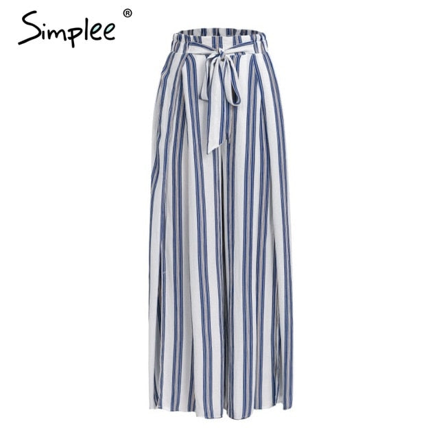 Simplee High waist loose striped summer pants plus size Sexy side split women pants Elastic cotton white wide leg trousers 2018
