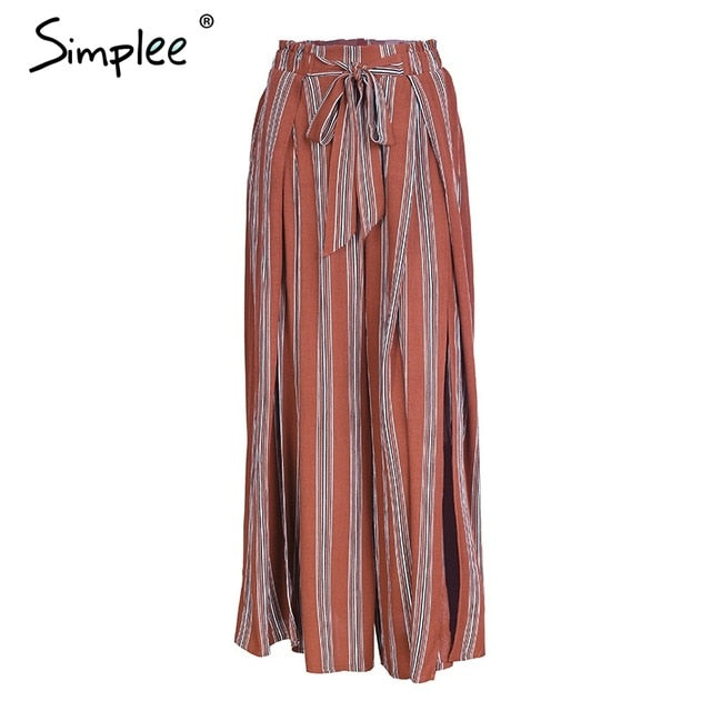 Simplee High waist loose striped summer pants plus size Sexy side split women pants Elastic cotton white wide leg trousers 2018