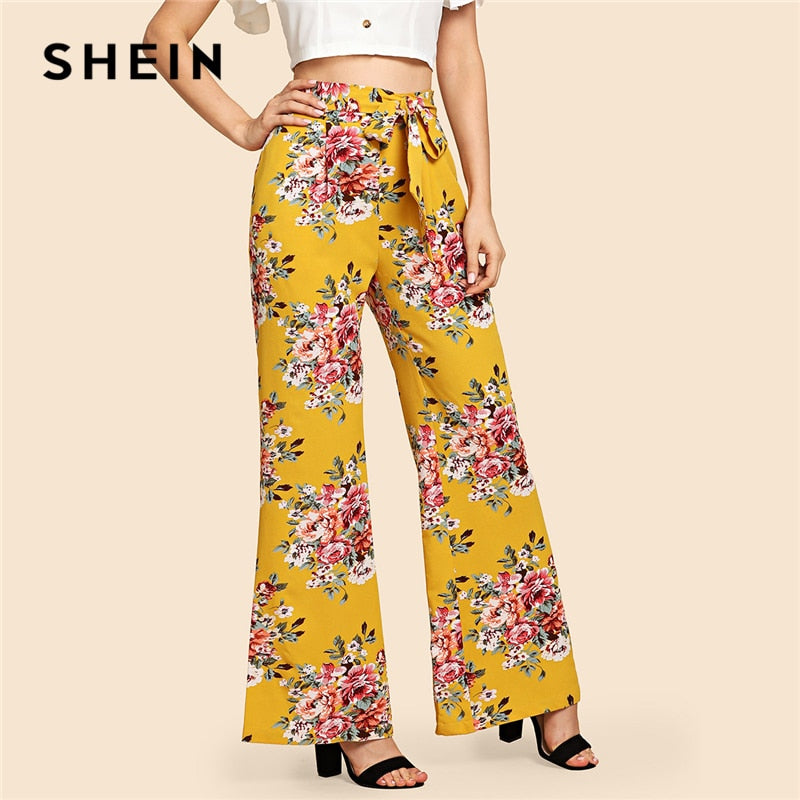 SHEIN Multicolor Vacation Boho Bohemian Beach Drawstring Mid Waist Floral Print Wide Leg Long Pants Summer Women Casual Trousers