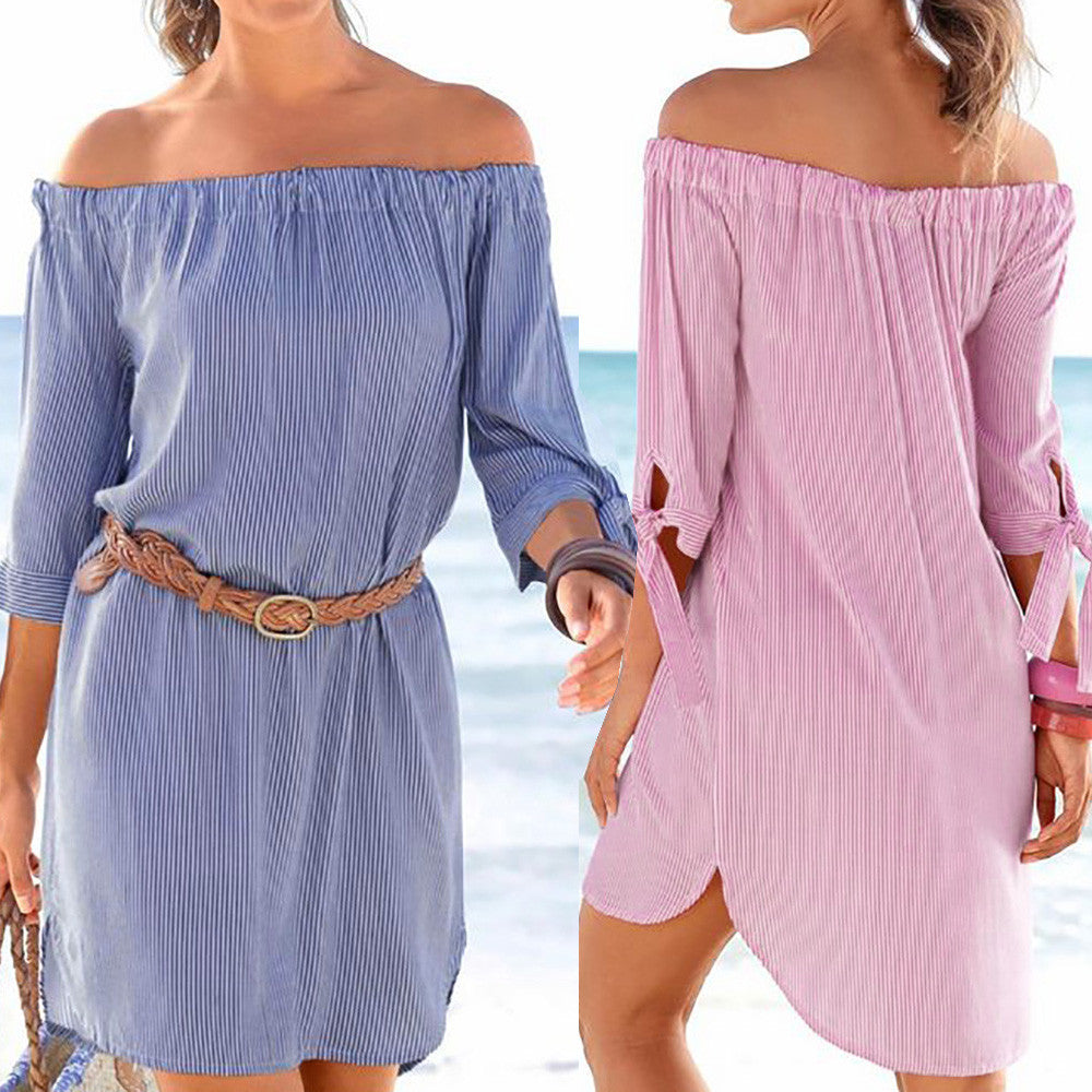 Women Off Shoulder Half Sleeve Striped Dress Ladies Casual Loose Party Dresses